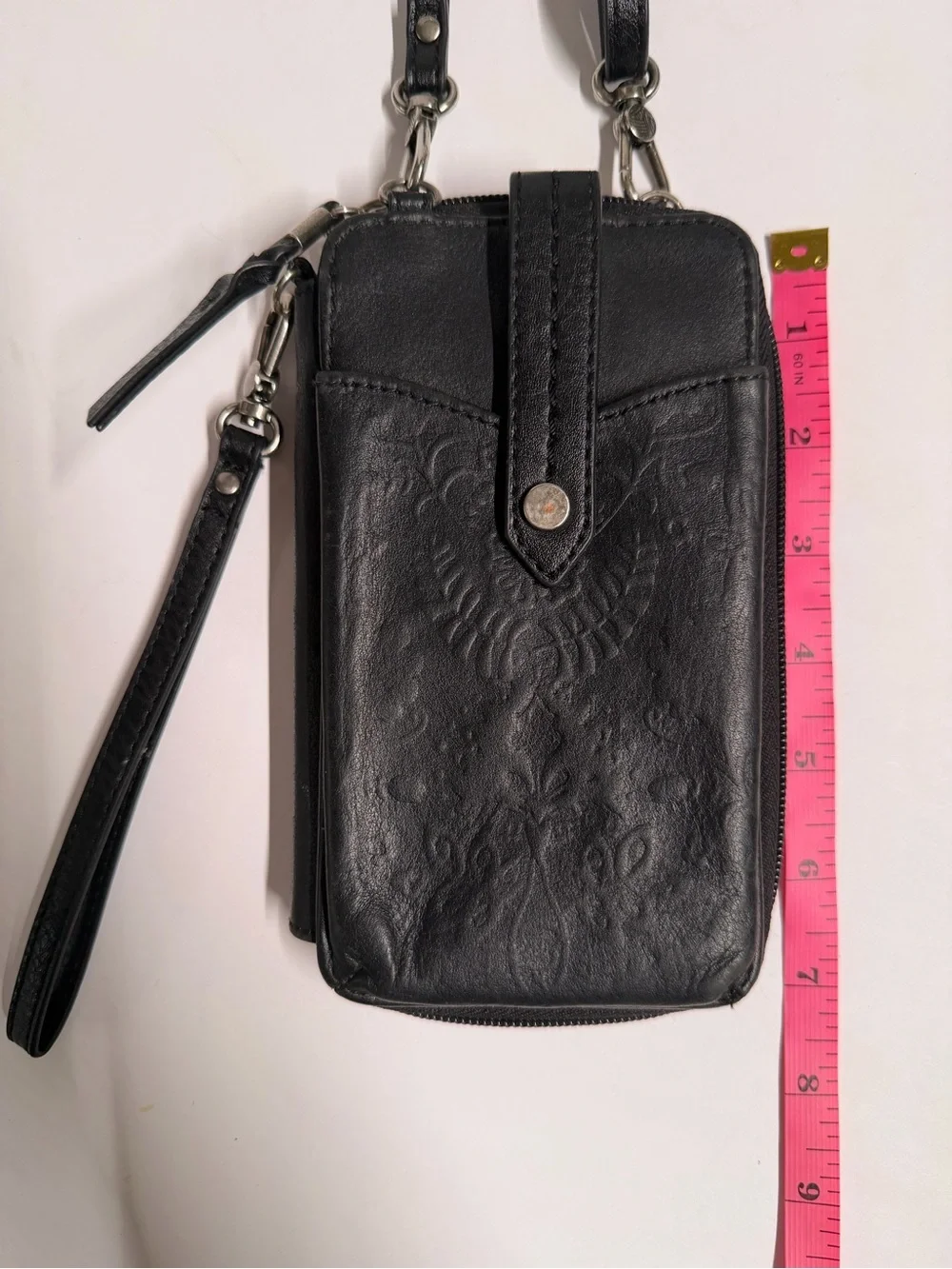 The Sak Black Leather Phone Crossbody Wallet Wristlet Embossed Floral Organizer